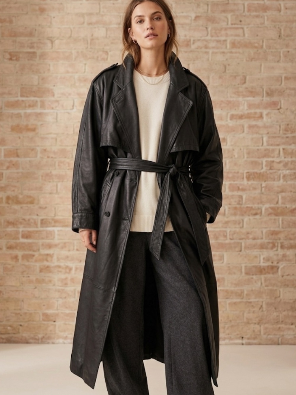 Tannery West Vintage Black Leather Belted Oversized 80’s Trench Coat Size L